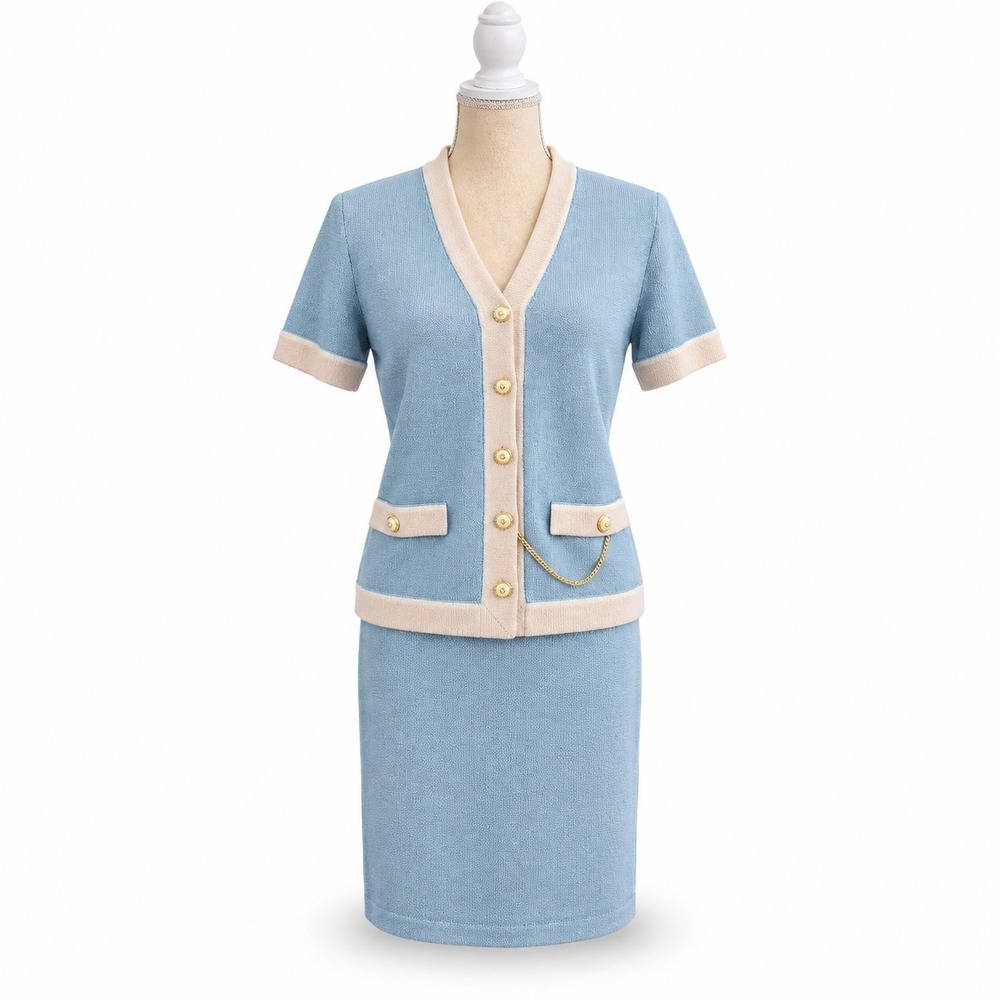 VTG ST. JOHN Marie Gray Size 6 Light Blue Santana Knit SS Jacket & Pencil Skirt